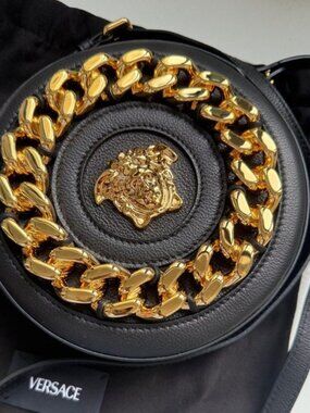 Versace Medusa Round Leather Crossbody Bag Black Gold Chain Circle Bag